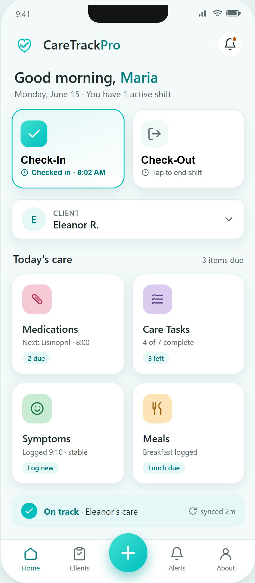 CareTrackPro app — caregiver home screen with check-in, today's care, medications and tasks